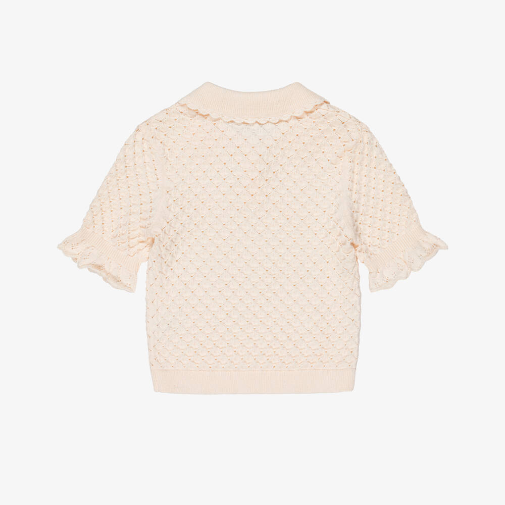 Chloé-Girls Pink Scalloped Cotton Knit Polo Shirt | Childrensalon