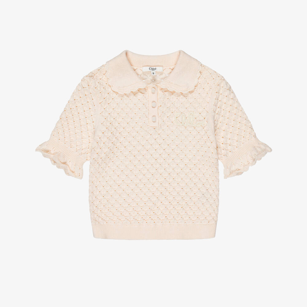 Chloé-Girls Pink Scalloped Cotton Knit Polo Shirt | Childrensalon
