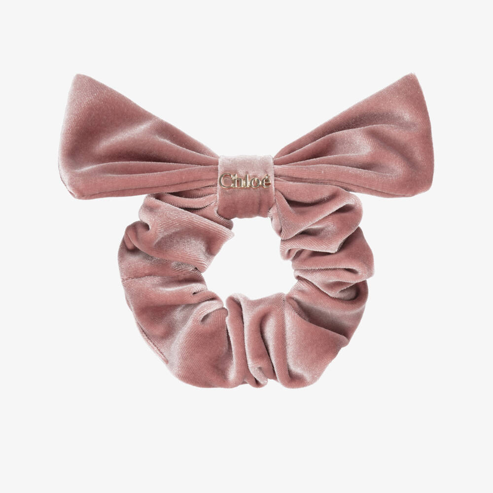 Chloé-Girls Pink Velvet Bow Scrunchie (18cm) | Childrensalon