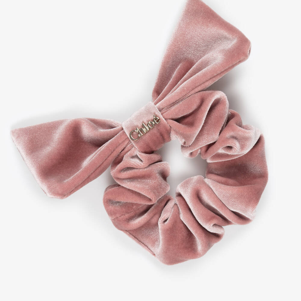 Chloé-Girls Pink Velvet Bow Scrunchie (18cm) | Childrensalon