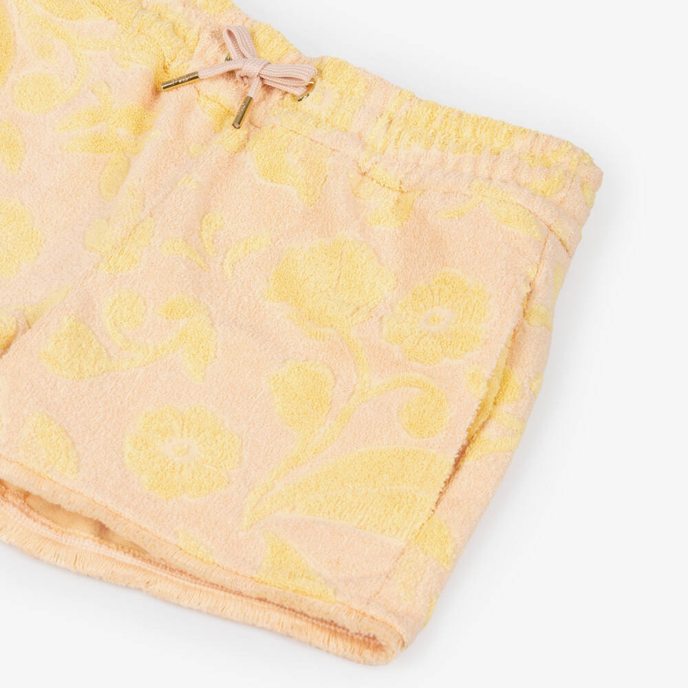 Chloé-Girls Pink & Yellow Floral Towelling Shorts | Childrensalon