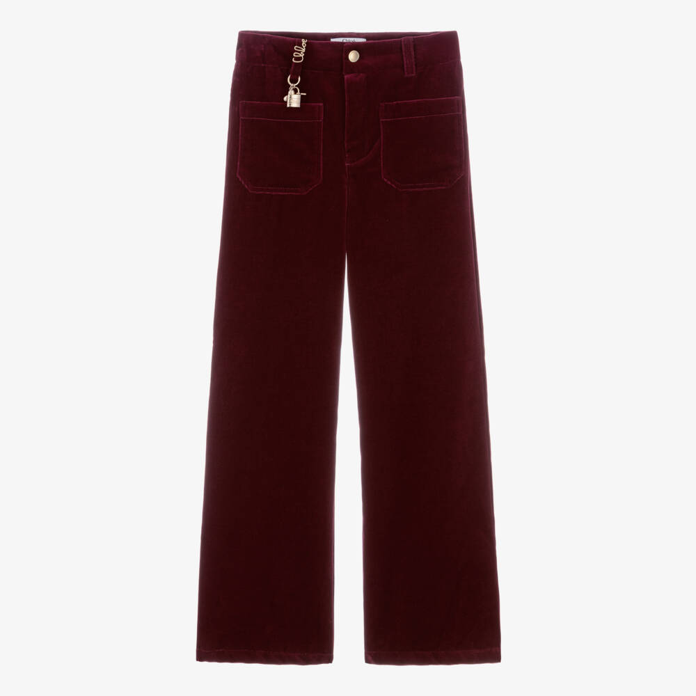 Chloé-Girls Red Velvet Straight Leg Trousers | Childrensalon