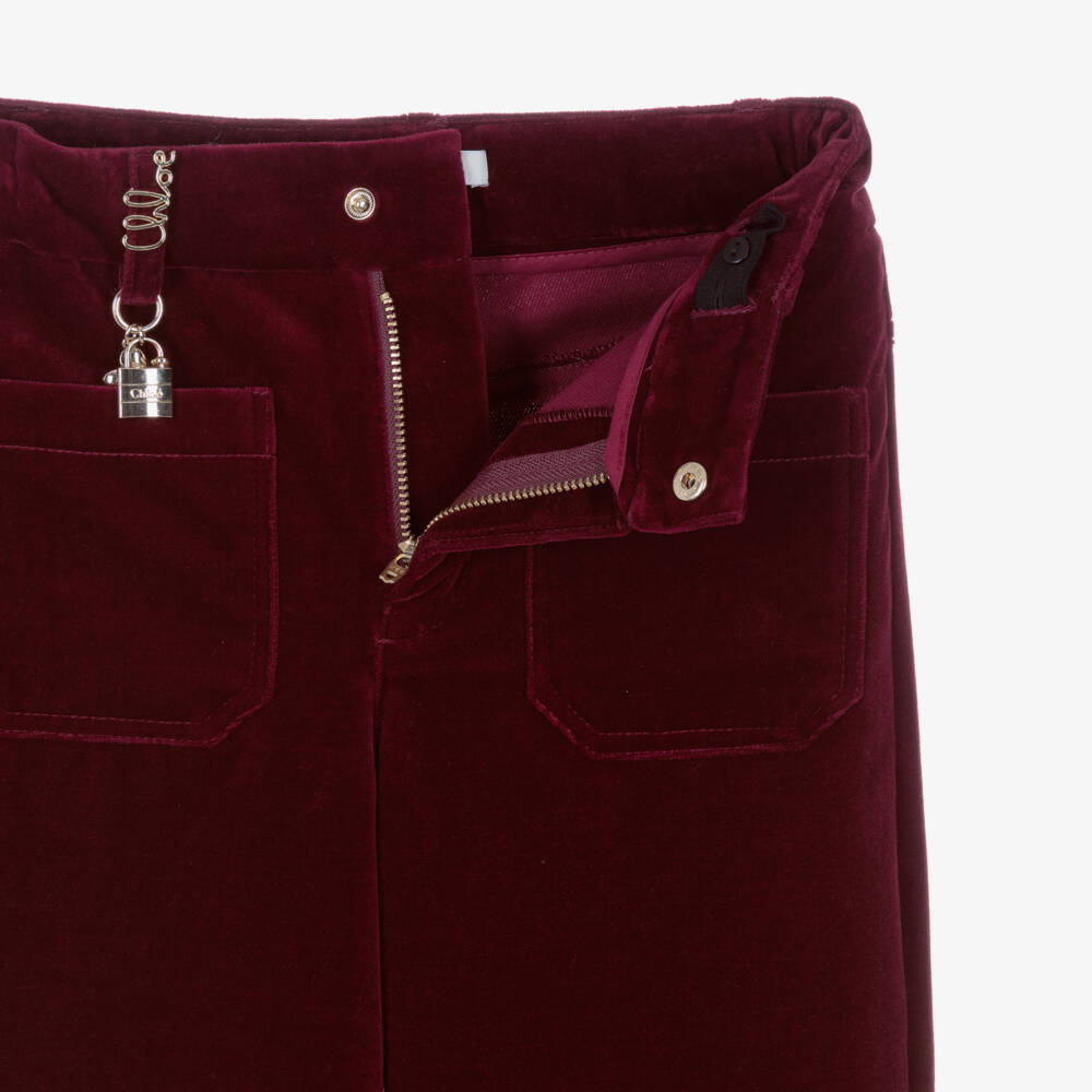 Chloé-Girls Red Velvet Straight Leg Trousers | Childrensalon