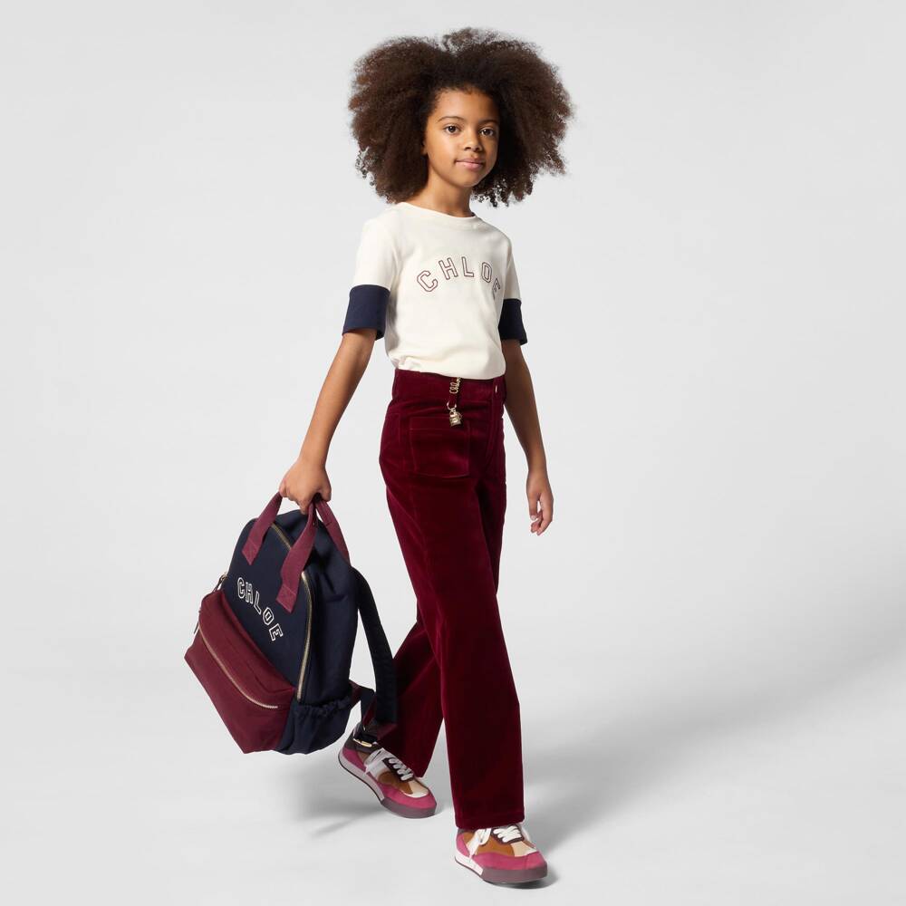 Chloé-Girls Red Velvet Straight Leg Trousers | Childrensalon