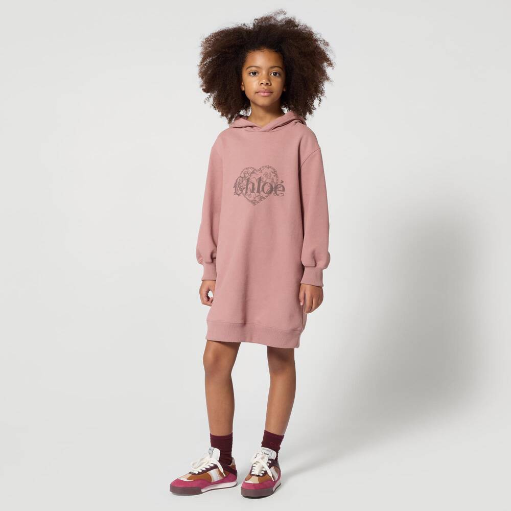 Chloé-Girls Rose Pink Cotton Jersey Hooded Dress | Childrensalon