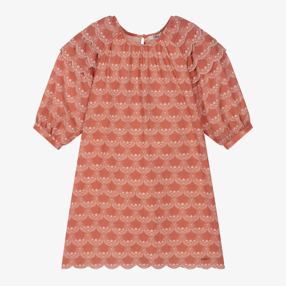 Chloé-Girls Terracotta Pink Cotton Floral Print Dress | Childrensalon