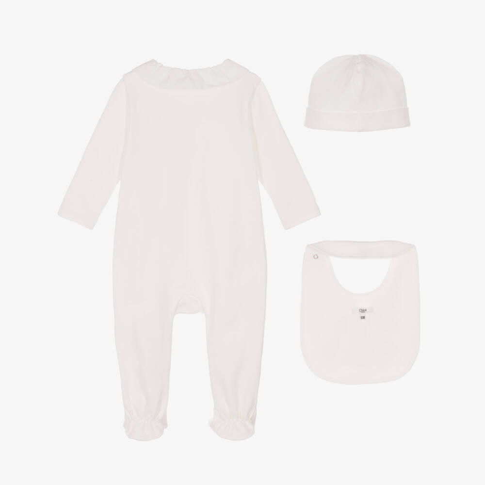 Chloé-Girls White Cotton Babygrow Gift Set with Gold Detailing | Childrensalon