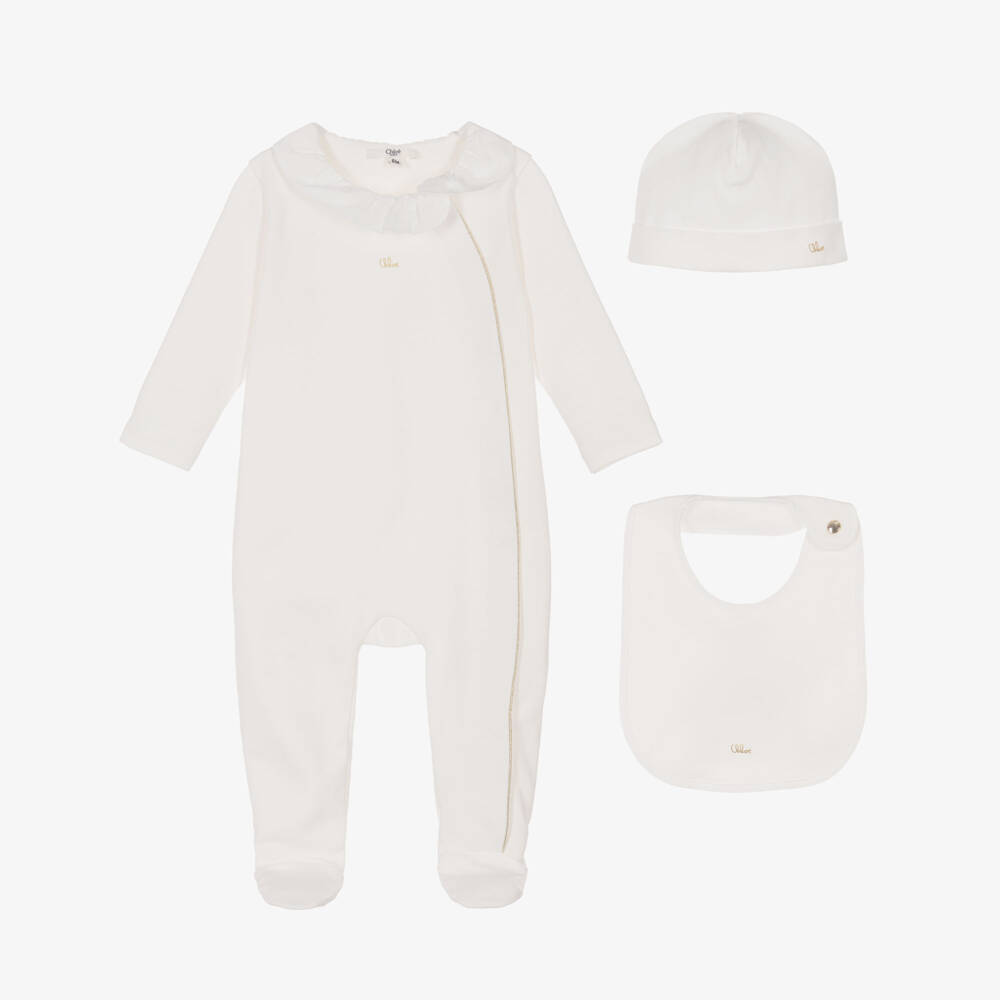 Chloé-Girls White Cotton Babygrow Set with Gold Detailing | Childrensalon