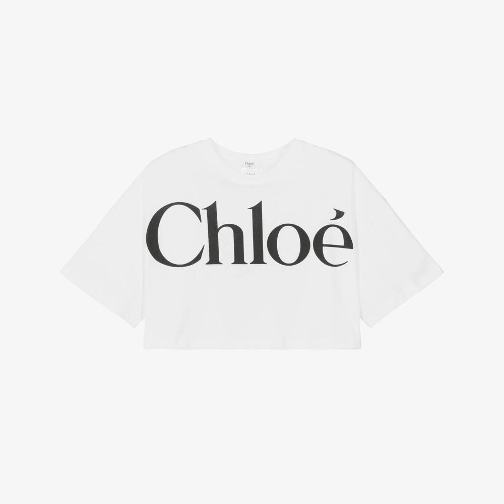 Chloé-Girls White Cotton Boxy Logo T-Shirt | Childrensalon