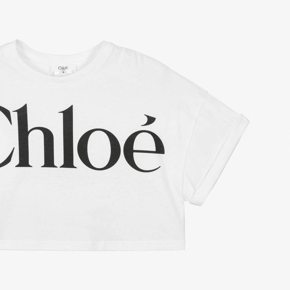 Chloé-Girls White Cotton Boxy Logo T-Shirt | Childrensalon