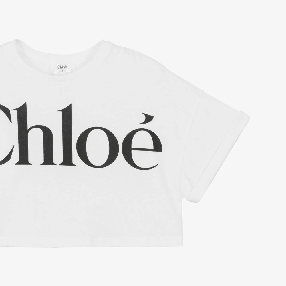 Chloé-Girls White Cotton Boxy Logo T-Shirt | Childrensalon