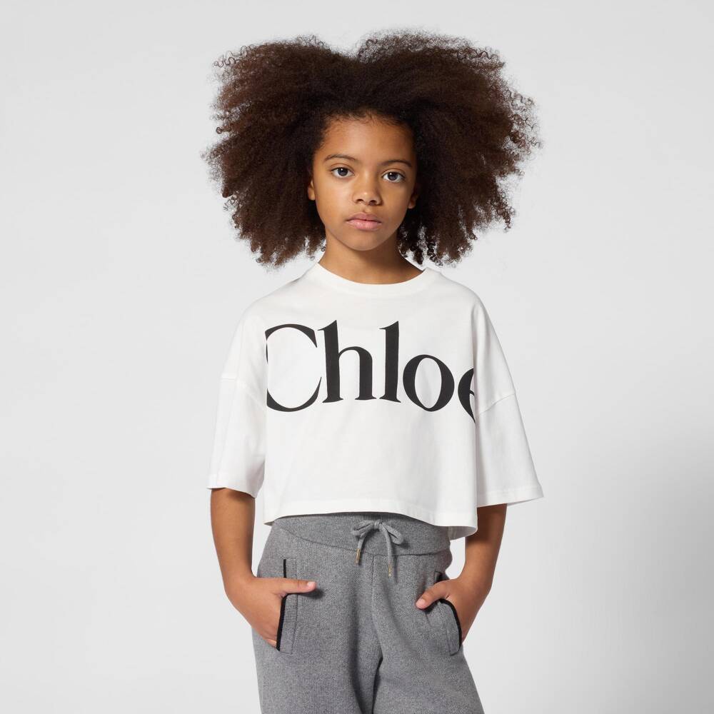 Chloé-Girls White Cotton Boxy Logo T-Shirt | Childrensalon