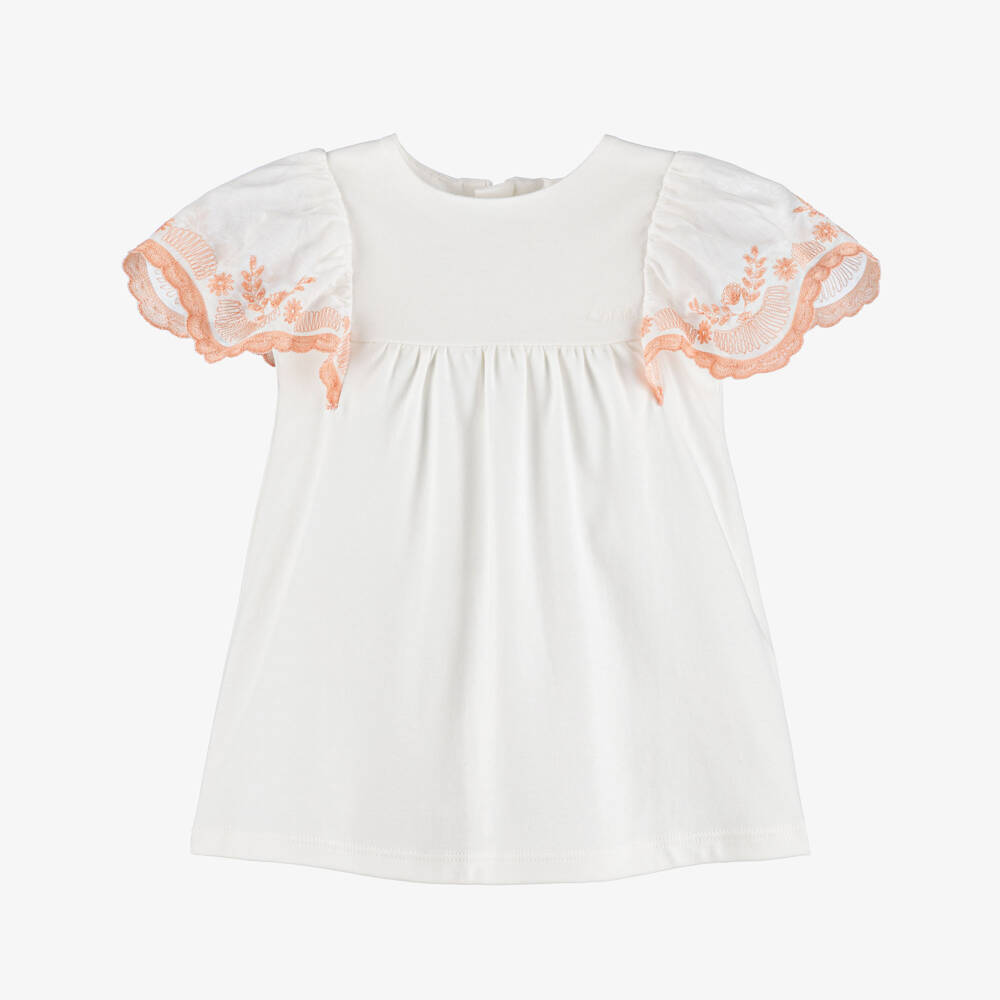 Chloé-Girls White Cotton Dress with Ruffle Sleeves | Childrensalon