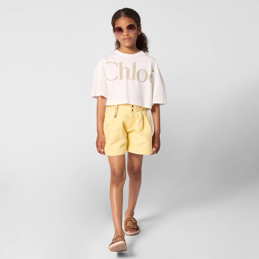 Chloé-Girls White Cotton Jersey Cropped T-Shirt | Childrensalon