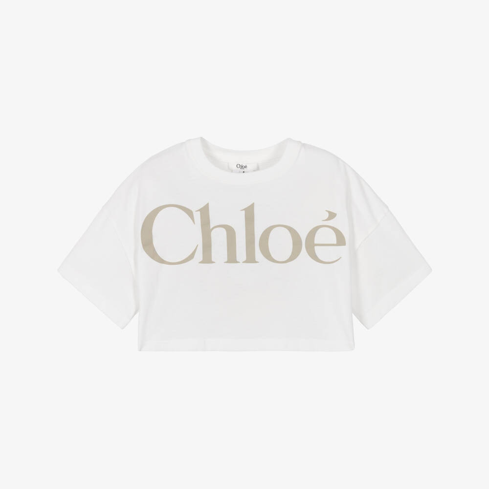 Chloé-Girls White Cotton Jersey Cropped T-Shirt | Childrensalon