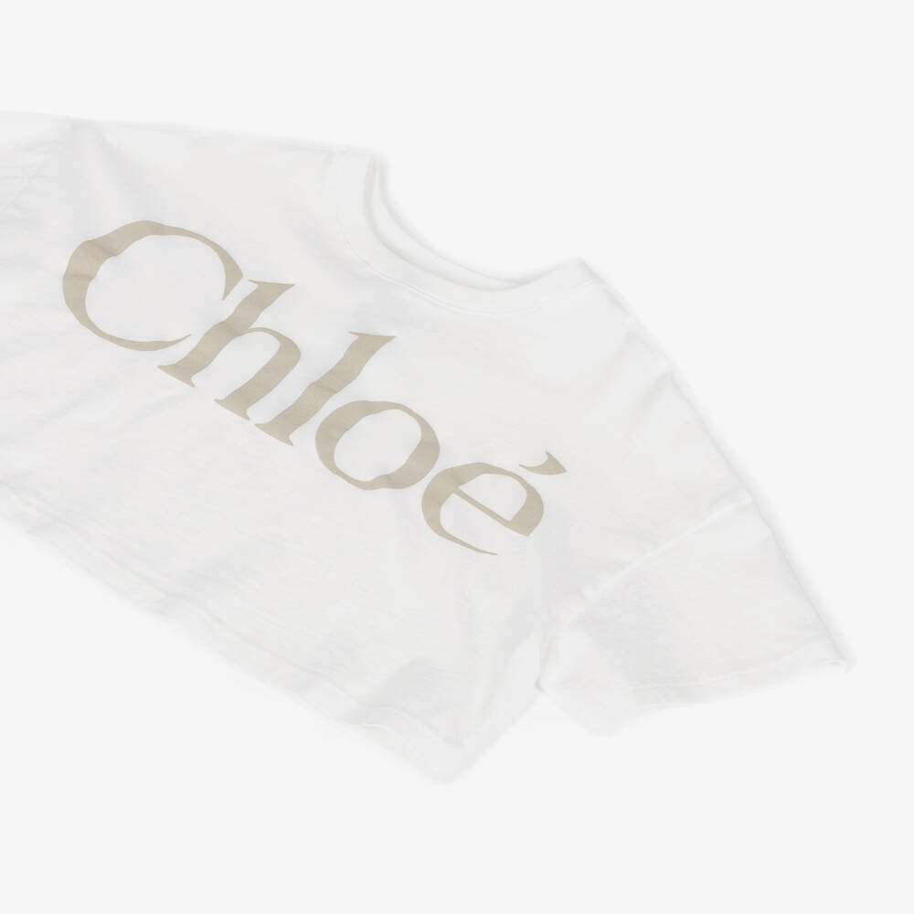 Chloé-Girls White Cotton Jersey Cropped T-Shirt | Childrensalon