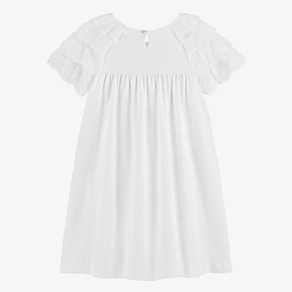 Chloé-Girls White Cotton Jersey Dress with Ruffle Sleeves | Childrensalon