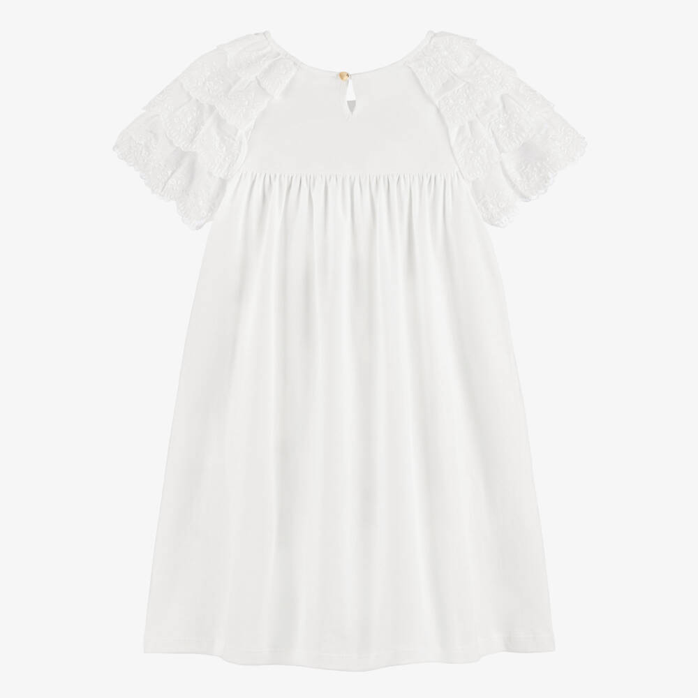 Chloé-Girls White Cotton Jersey Dress with Ruffle Sleeves | Childrensalon