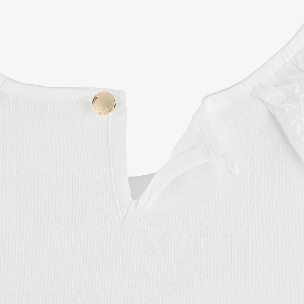 Chloé-Girls White Cotton Jersey Dress with Ruffle Sleeves | Childrensalon