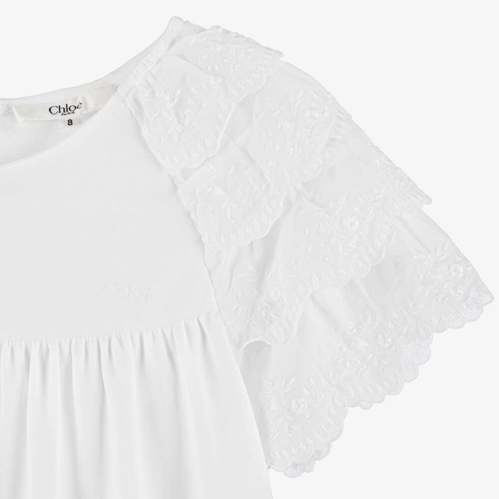Chloé-Girls White Cotton Jersey Dress with Ruffle Sleeves | Childrensalon