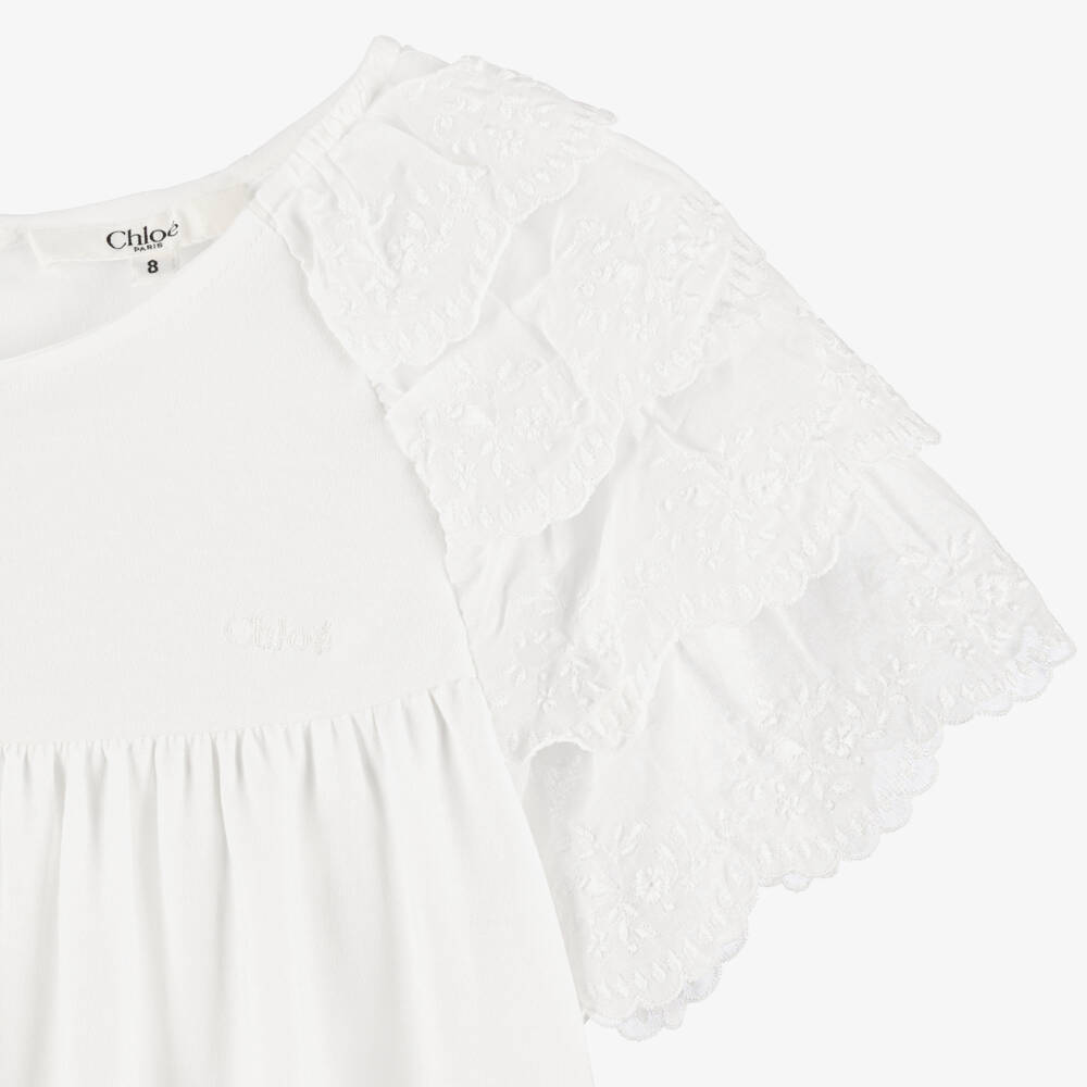 Chloé-Girls White Cotton Jersey Dress with Ruffle Sleeves | Childrensalon