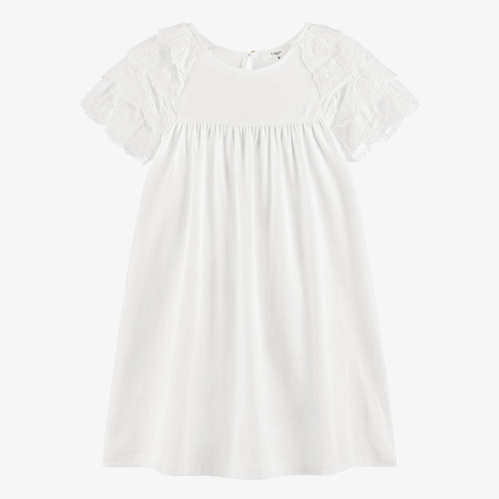 Chloé-Платье белое из хлопкового трикотажа с рукавами с рюшами для девочек | Childrensalon