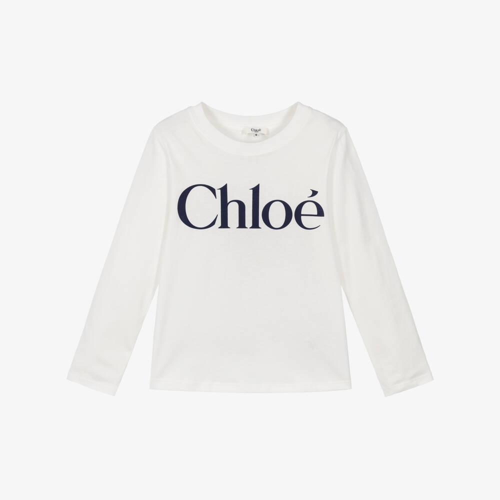 Chloé-Girls White Cotton Jersey Long-Sleeved Top | Childrensalon