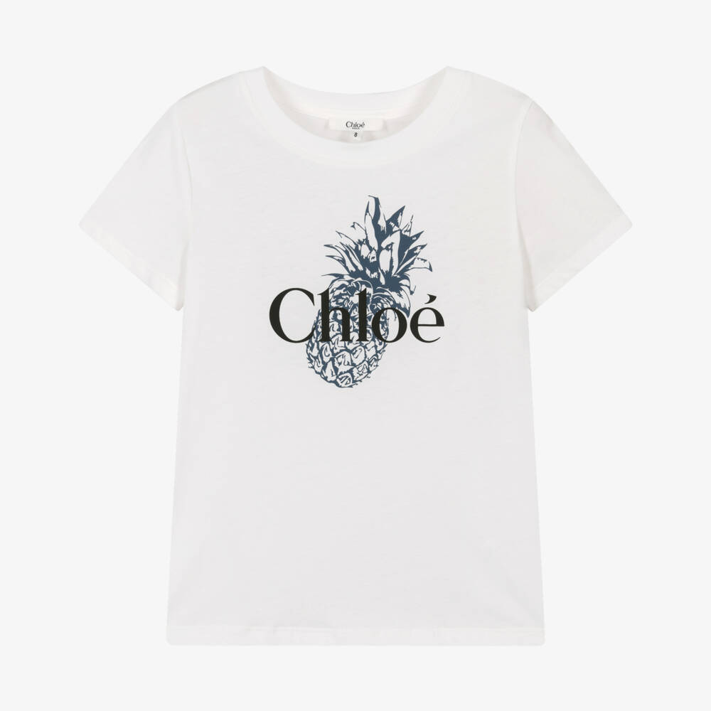 Chloé-Girls White Cotton Pineapple Logo T-Shirt | Childrensalon