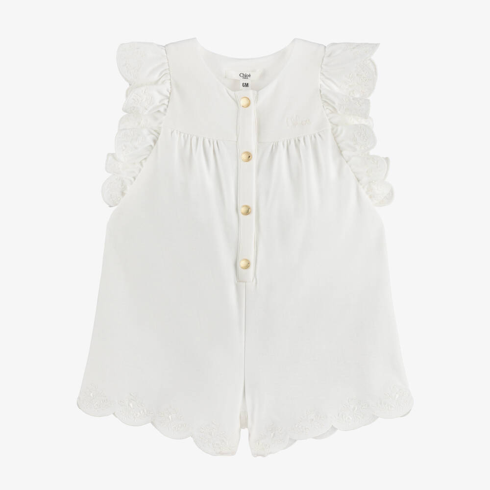 Chloé-Girls White Cotton Ruffle Sleeve Playsuit | Childrensalon