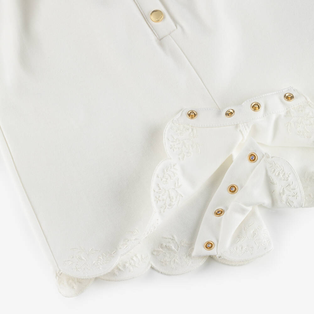 Chloé-Girls White Cotton Ruffle Sleeve Playsuit | Childrensalon