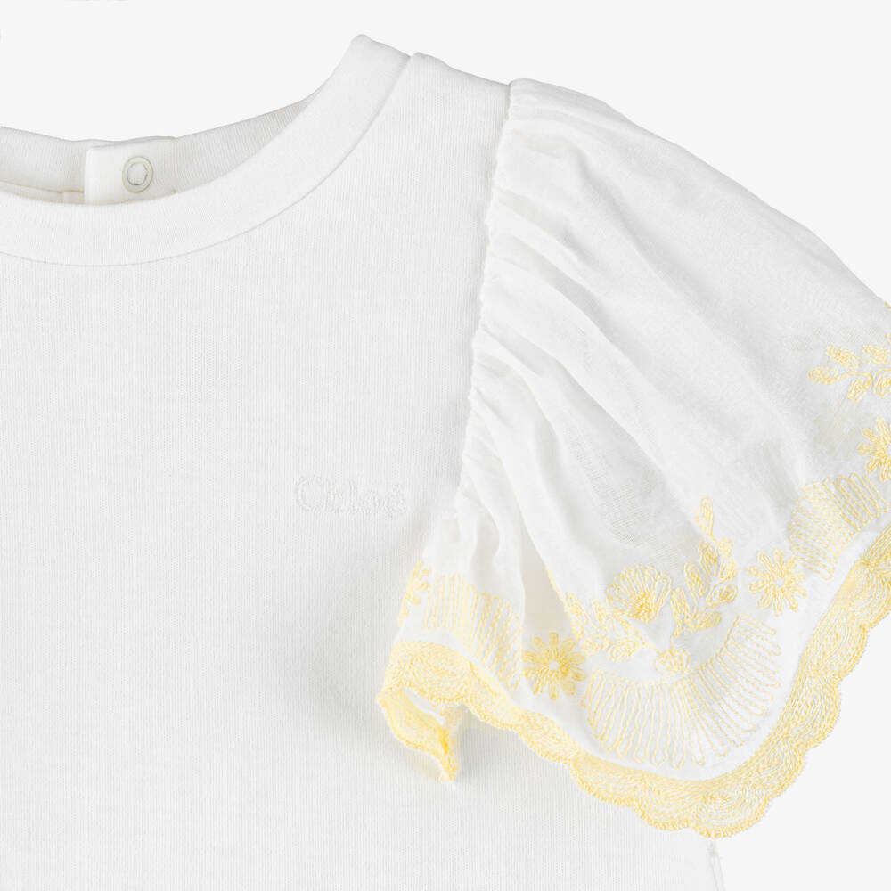 Chloé-Girls White Cotton T-Shirt with Ruffle Sleeves | Childrensalon