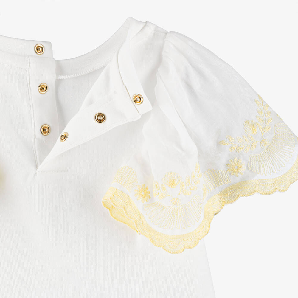 Chloé-Girls White Cotton T-Shirt with Ruffle Sleeves | Childrensalon