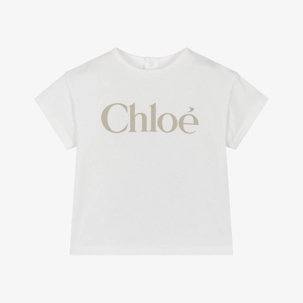 Chloé-Girls White Cotton T-Shirt with Signature Logo | Childrensalon