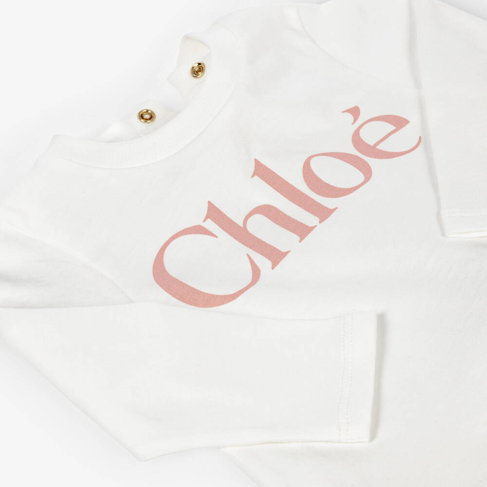 Chloé-Girls White Cotton Top with Pink Logo | Childrensalon