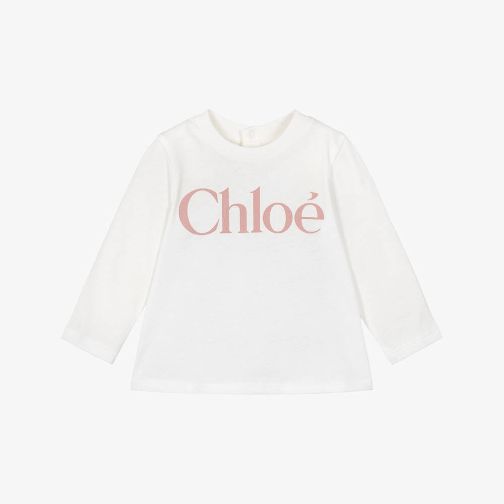 Chloé-Girls White Cotton Top with Pink Logo | Childrensalon