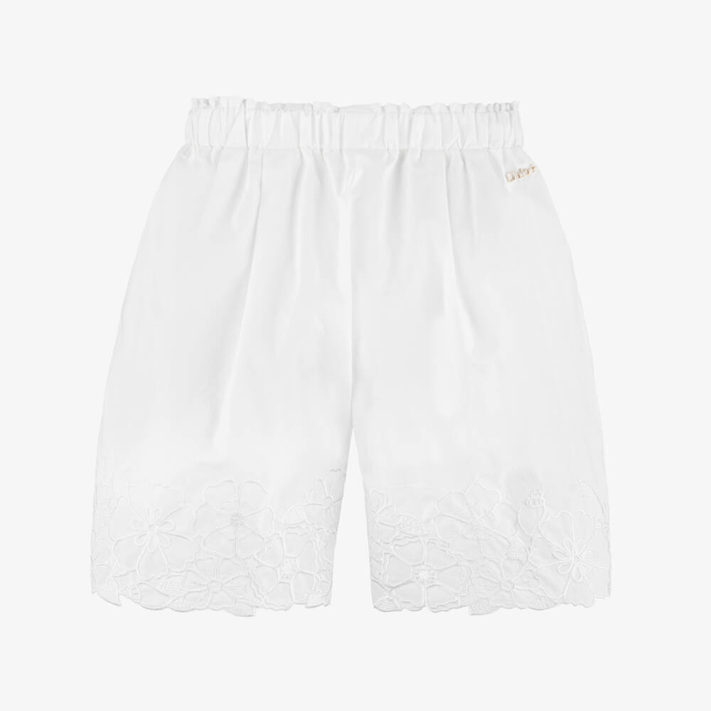 Chloé-Girls White Cotton Trousers with Floral Embroidery | Childrensalon