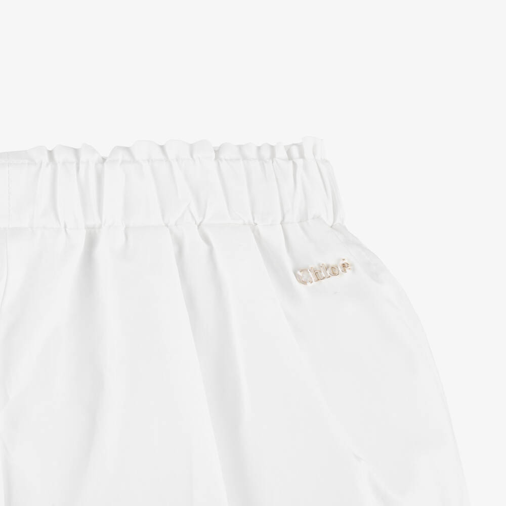Chloé-Girls White Cotton Trousers with Floral Embroidery | Childrensalon