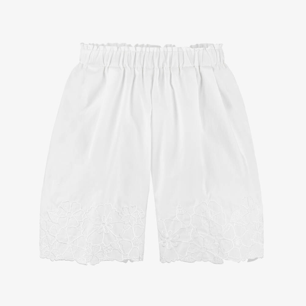Chloé-Girls White Cotton Trousers with Floral Embroidery | Childrensalon