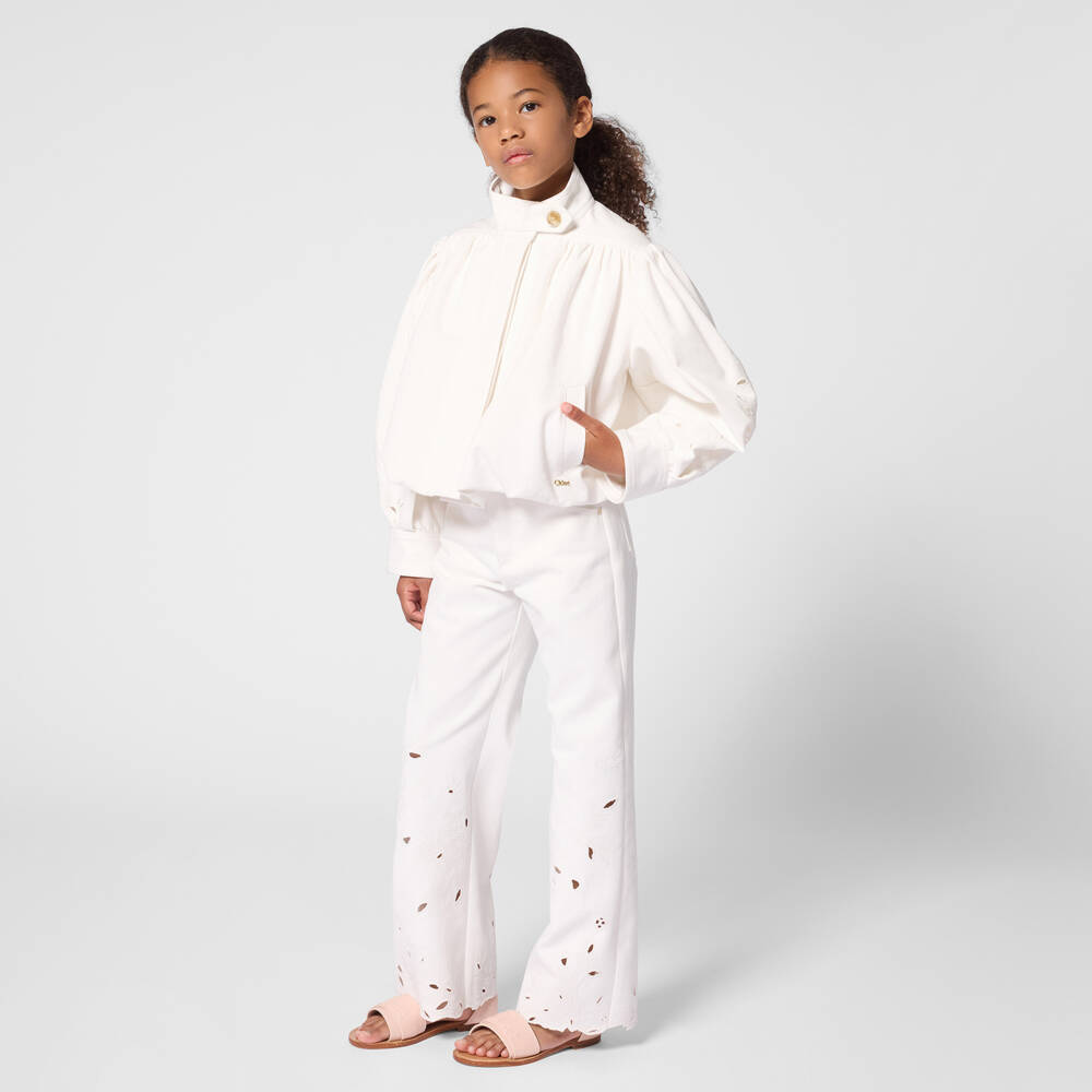 Chloé-Girls White Denim Jacket with Openwork Embroidery | Childrensalon
