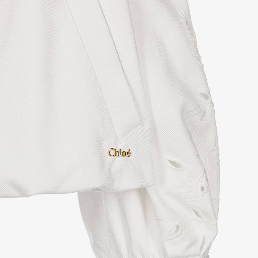 Chloé-Girls White Denim Jacket with Openwork Embroidery | Childrensalon