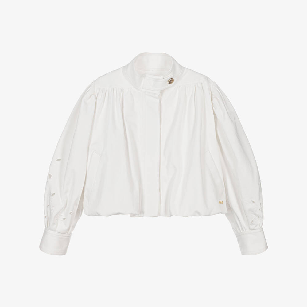 Chloé-Girls White Denim Jacket with Openwork Embroidery | Childrensalon