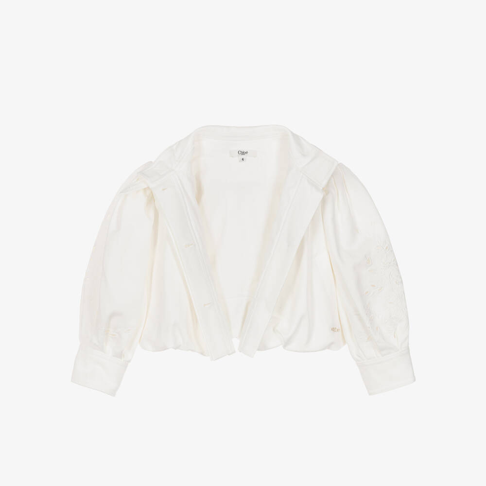 Chloé-Girls White Denim Jacket with Openwork Embroidery | Childrensalon