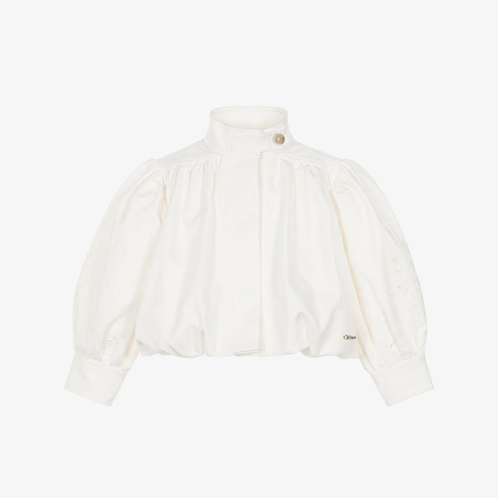 Chloé-Girls White Denim Jacket with Openwork Embroidery | Childrensalon