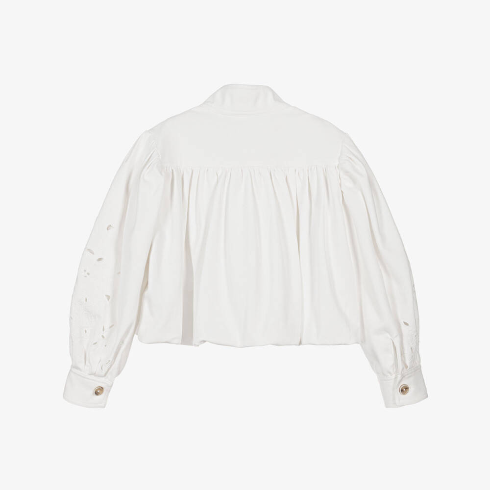 Chloé-Girls White Denim Jacket with Openwork Embroidery | Childrensalon