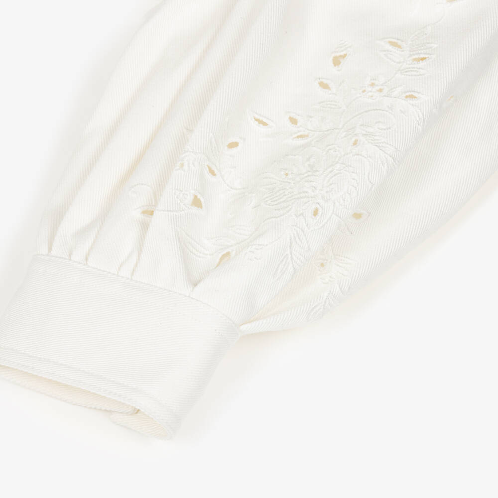 Chloé-Girls White Denim Jacket with Openwork Embroidery | Childrensalon