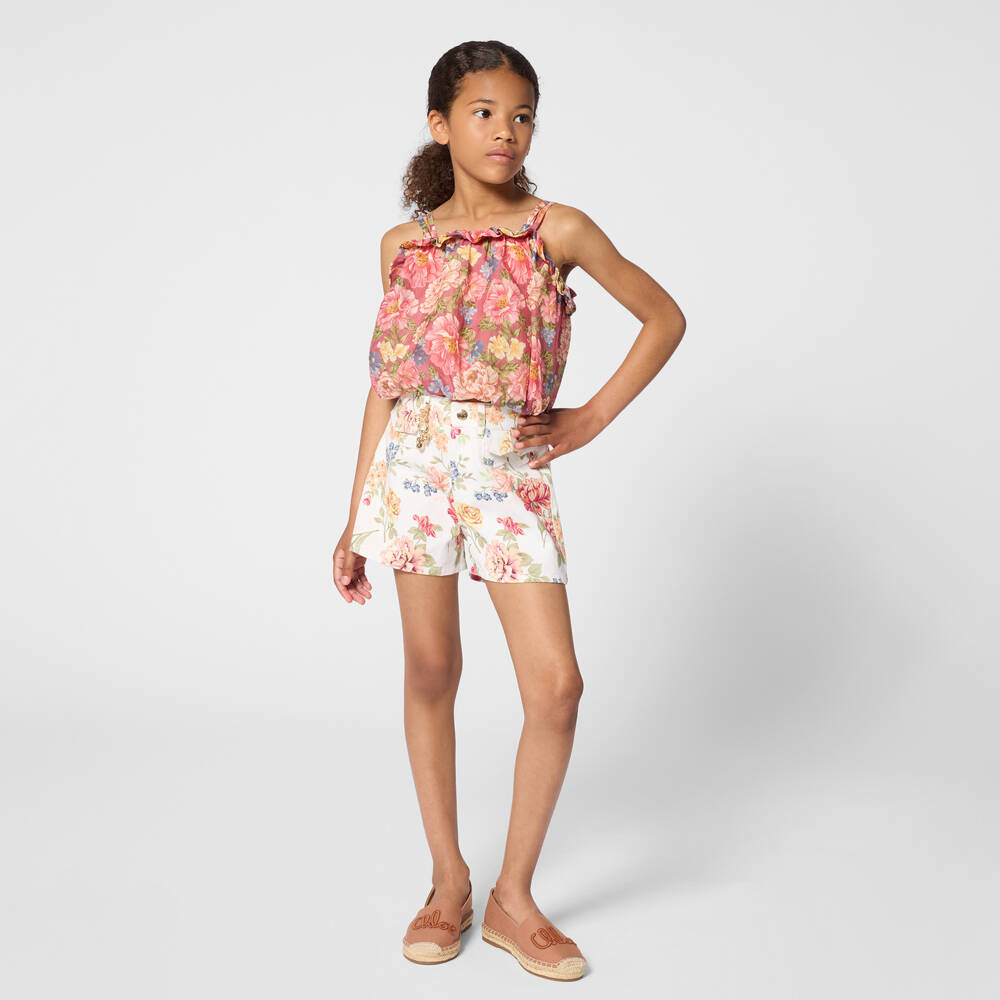 Chloé-Girls White Floral-Patterned Denim Shorts | Childrensalon