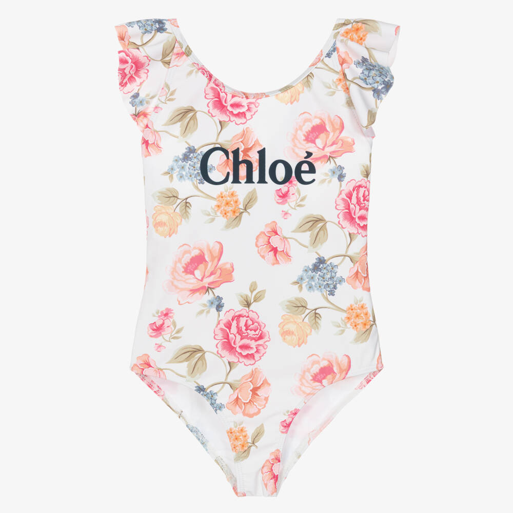 Chloé-Girls White Floral Patterned Logo Swimsuit | Childrensalon