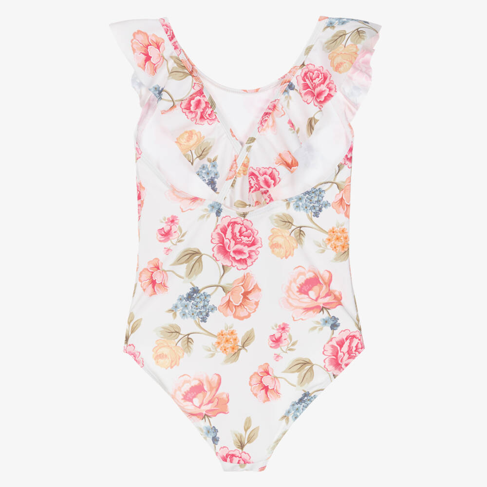 Chloé-Girls White Floral Patterned Logo Swimsuit | Childrensalon