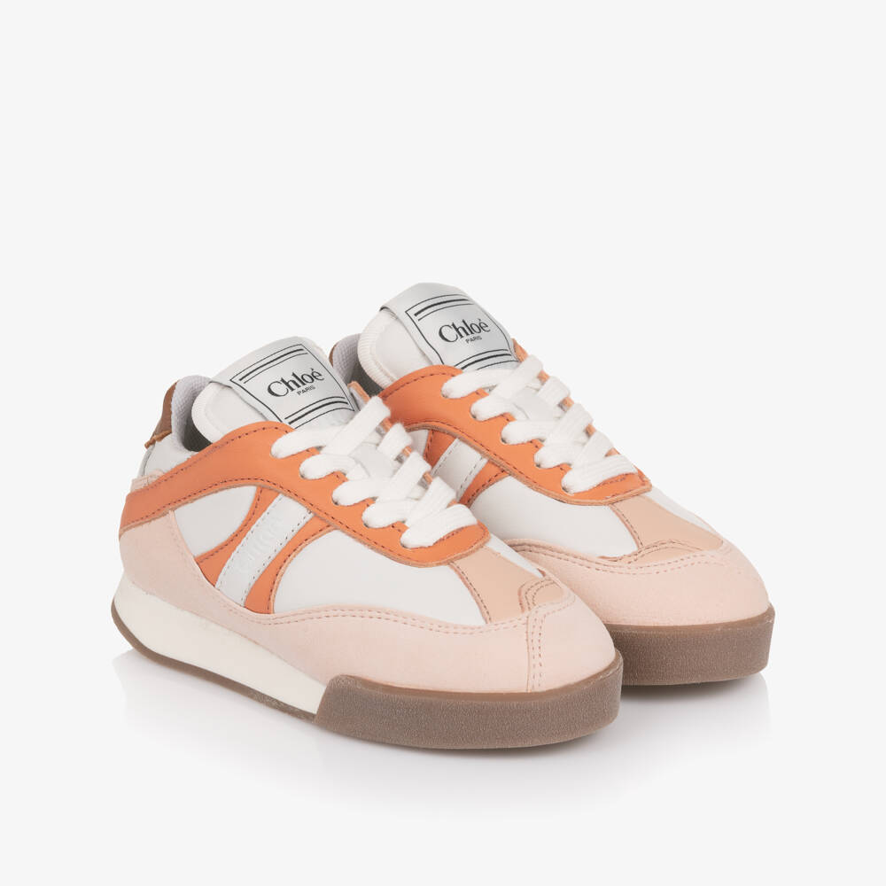 Chloé-Girls White Leather & Pink Suede Kick Trainers | Childrensalon