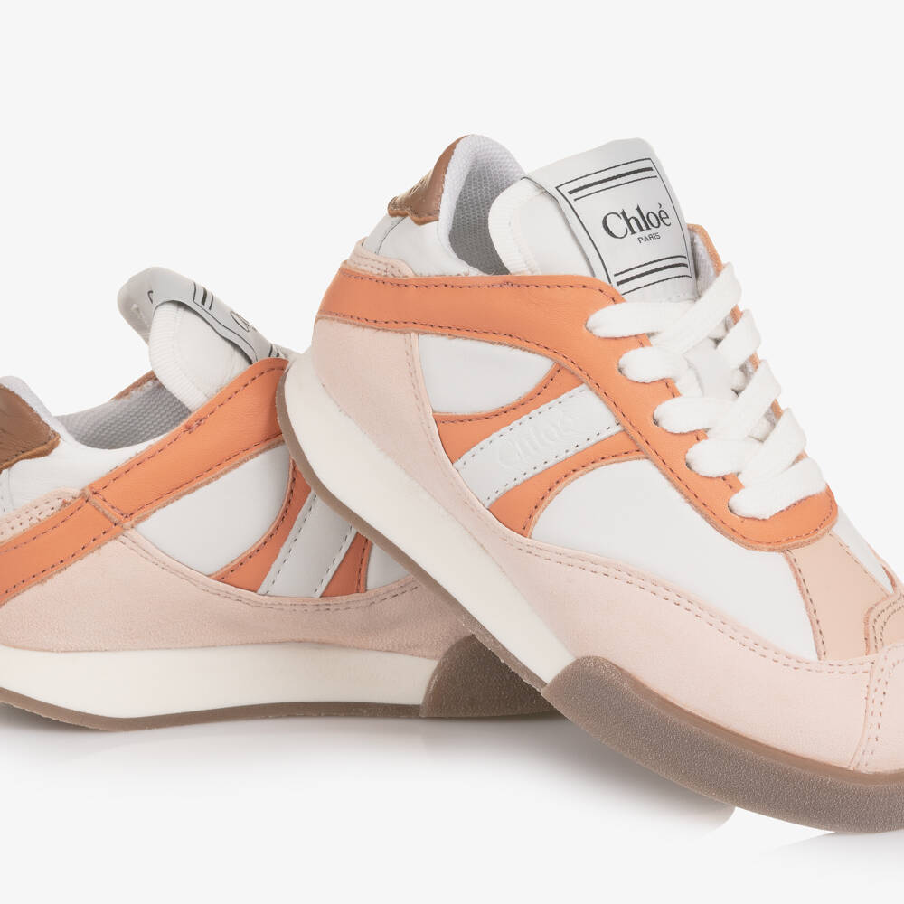 Chloé-Girls White Leather & Pink Suede Kick Trainers | Childrensalon